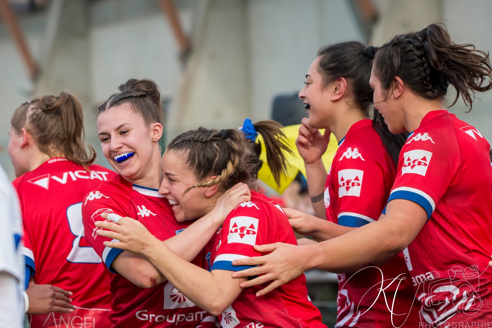Alexandra CHAMBON - Taïna MAKA - Charlotte SUILLEROT -  FC Grenoble Rugby - Blagnac - Rugby - 2024 Élite 1 Féminine - FC Grenoble Amazones (18)  vs (13) Blagnac (#E1G24FCGBLA02) Photo by: Karine Valentin | Siuxy Sports 2024-02-18