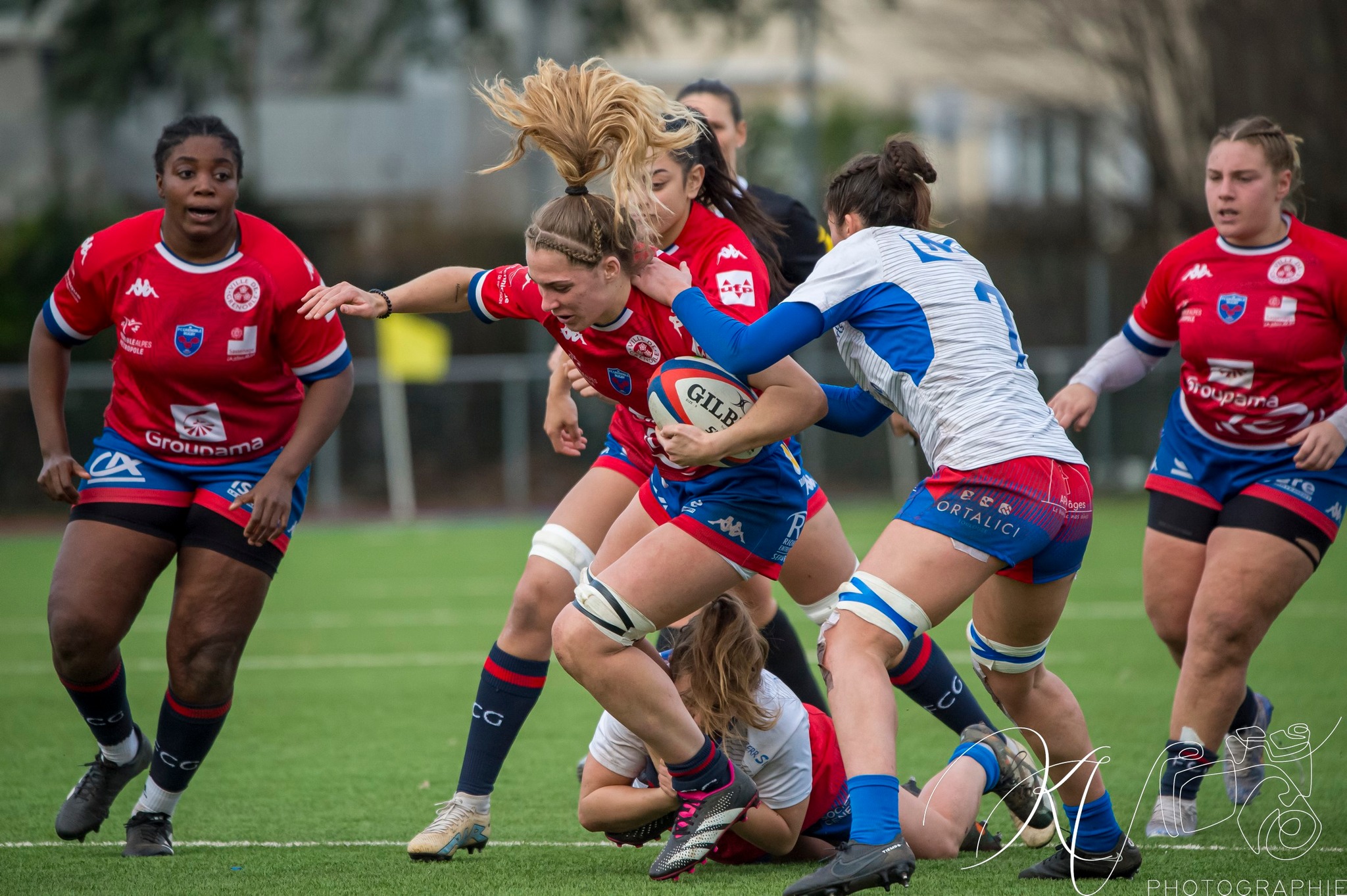 Lea CHAMPON - Taïna MAKA - Marion NOVELLO -  FC Grenoble Rugby - Blagnac - Rugby - 2024 Élite 1 Féminine - FC Grenoble Amazones (18)  vs (13) Blagnac (#E1G24FCGBLA02) Photo by: Karine Valentin | Siuxy Sports 2024-02-18